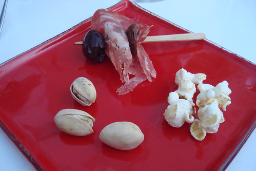 Wonderful Pistachios, Cured Olive and Salami Skewer, Rosemary Parmesan Popcorn