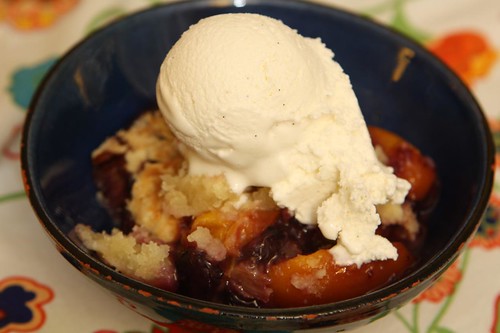 Peach, Nectarine, Rhubarb, and Blueberry Cobbler with Longford's Tahitian Vanilla Ice Cream