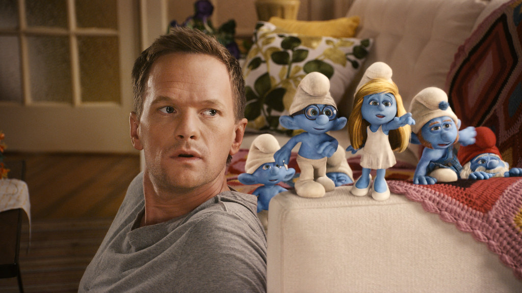 Neil Patrick Harris as "Patrick" with Clumsy, Briany, Smurfette, Gutsy and Papa Smurf 