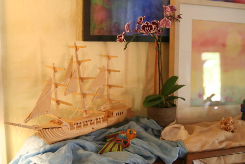 Wooden Tall Ship Model on Nature Table