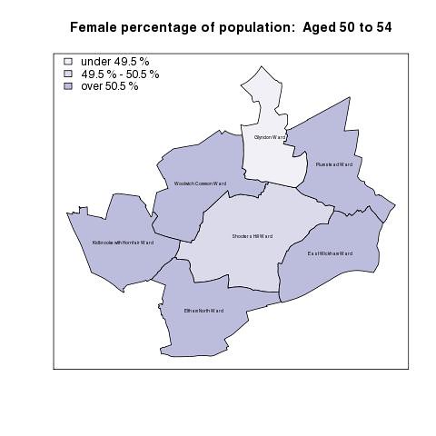 Female percentage of population:  Aged 50 to 54