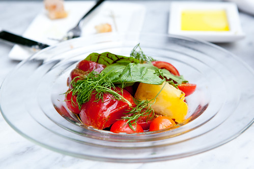 Heirloom Tomato Salad dandelion, Pedro Jimenez sherry vinegar, Mediterranean sea salt