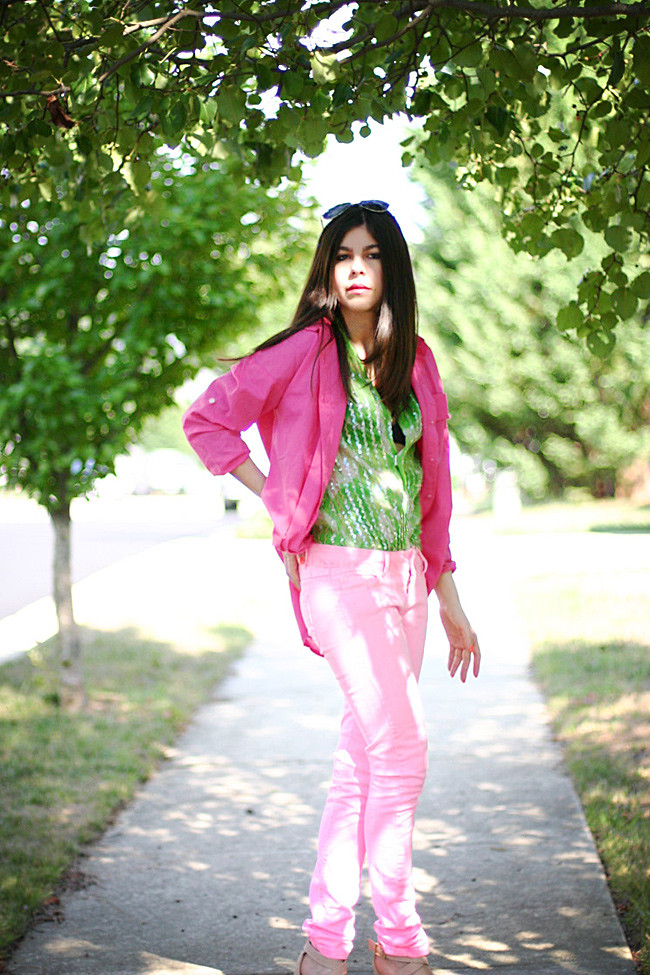 Neon Pink Skinny Jeans, Sequin vintage blouse, Fashion outfit, Ray ban aviators