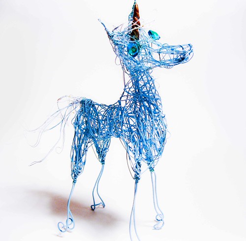 Blue Unicorn Sculpture with Golden Horn by WireArtInk