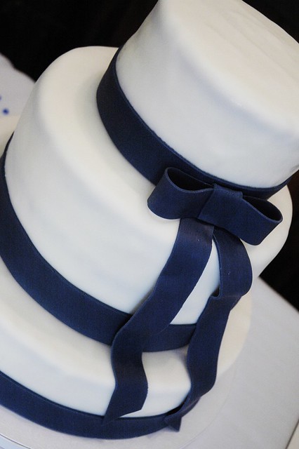 Wedding Cake with navy fondant ribbon