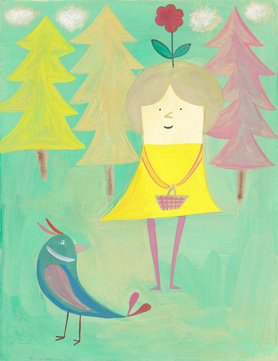 A girl meets a bird in the forest