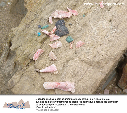 Ofrendas propiciatorias: fragmentos de spondylus, laminillas de metal, cuentas de piedra y fragmento de piedra de color azul, encontrados al interior de estructura prehispánica en Caleta Gaviotas.