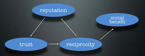The relationship between reputation, trust, reciprocity, and social benefit