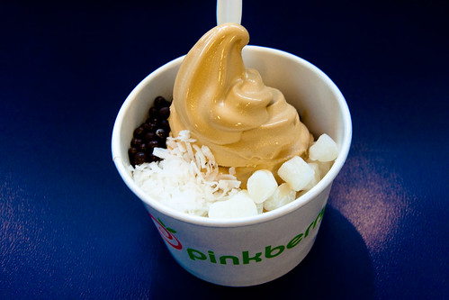 Salted Caramel Frozen Yogurt with Mochi, Coconut, and Dark Chocolate Crisps Topping at Pinkberry