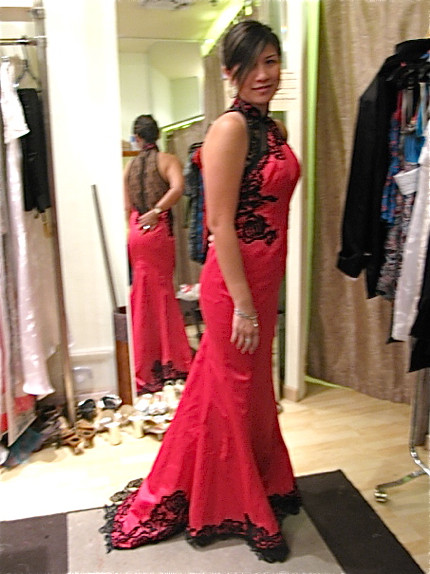 Aileen's crimson red mermaid cheongsam with 2 types of laces