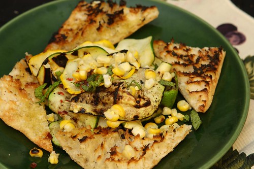 Grilled Summer Squash and Corn with Mint, Red Pepper Flakes, and Grilled Ciabatta