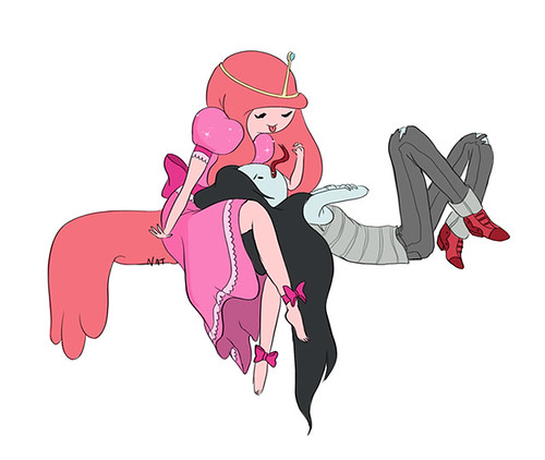 another illustration of Marceline and Bubblegum. Marceline's head is in Bubblegum's lap. Marceline is sticking out her tongue at Bubblegum in an instigating way, but Bubblegum doesn't seem to mind