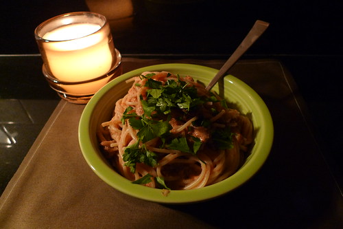 pasta with pink sauce and home-grown oyster mushrooms