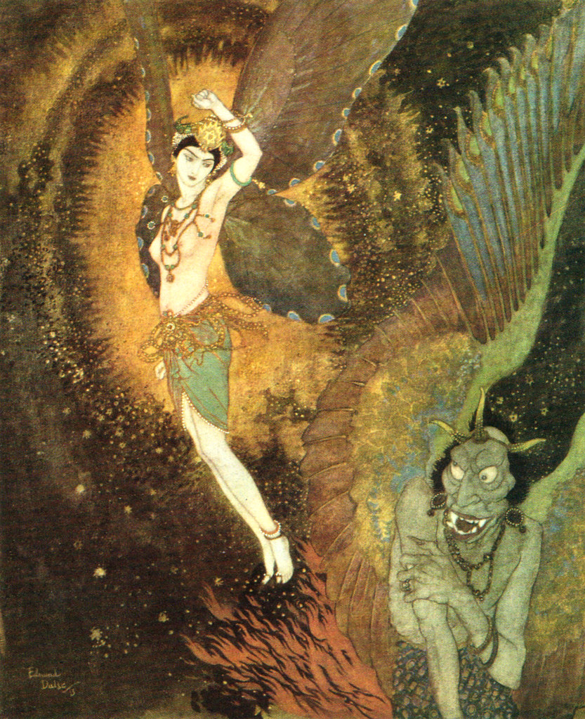 Edmund Dulac - 'As she rose up through clouds there passed one she knew by his tail to be Dahnash.' illustration to the story "Dahnash and Meymooneh" from Princess Badoura (1913)