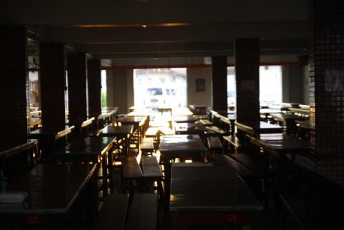 School canteen drenched with golden sunlight