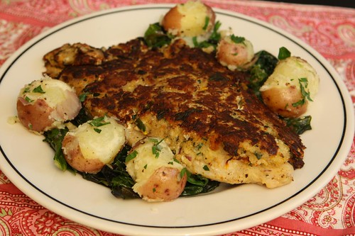 Zucchini Crusted Catfish with Parsley Butter Potatoes and Garlic Sauteed Spinach