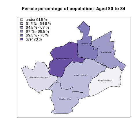 Female percentage of population:  Aged 80 to 84