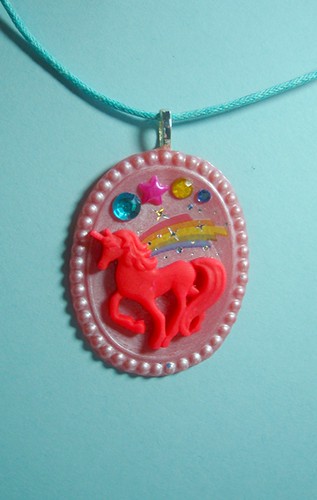 Pink Unicorn Rainbow Resin Handmade Polymer Clay Cameo Necklace by Dulcebella