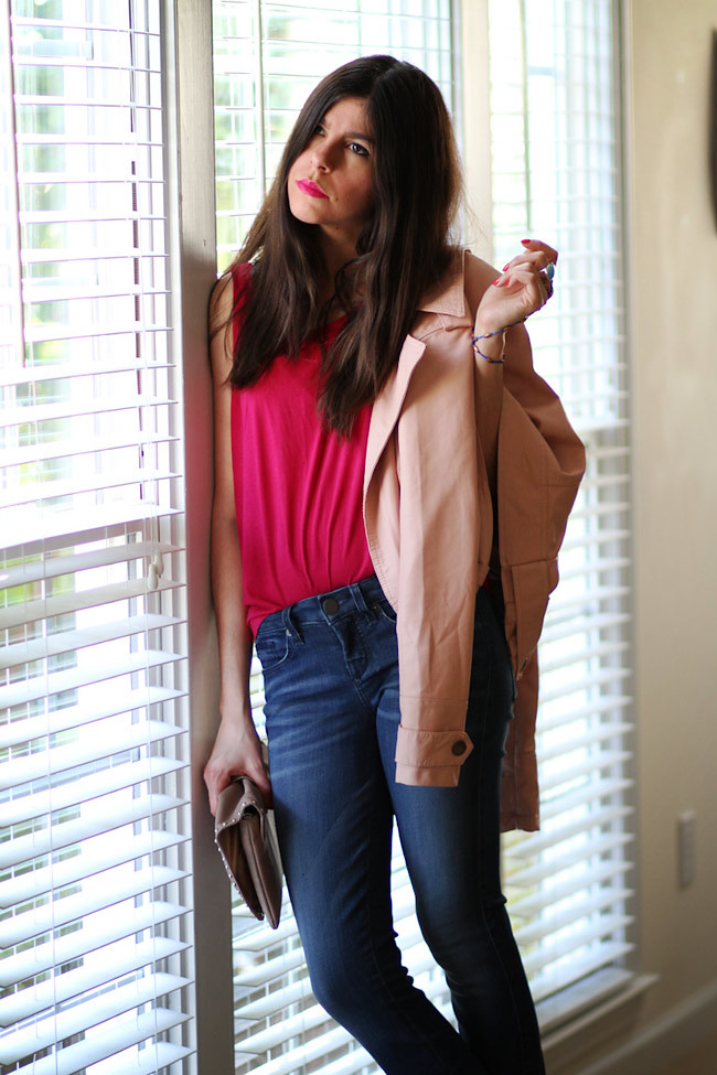 Bebe skinny jeans, Pink Leather Jacket, Fashion Outfit, Ippolita turquoise ring