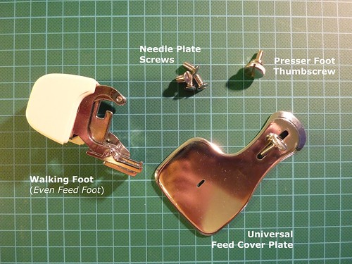 Walking Foot, Feed Cover Plate, Needle Plate Screws, and Presser Foot Thumbscrew