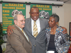 Miguel d'Escoto Brockman, former Nicaraguan foreign minister, Minister Akbar Muhammad of the Nation of Islam and Viola Plummer of the December 12 Movement promoting the August 13 march in Harlem in defense of Libya and Zimbabwe. by Pan-African News Wire File Photos