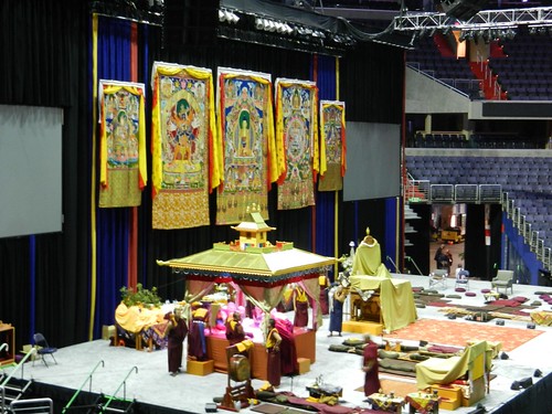Setting up the stage, throne, mandala plans prior to the event beginning, seats, lighting, vajra pavilion, Tibetan Buddhism, Kalachakra for World Peace, Washington D.C., USA by Wonderlane