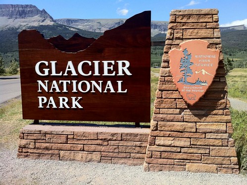 Entrance sign to Glacier National Park at St Mary, Montana