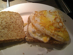Fried egg and goat cheese sandwich. Bacon is missing. by Local Food Lady