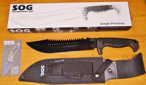 SOG F03T Jungle Primitive Fixed 9.5" Black Sawback Blade, Kraton Handles, Nylon Sheath