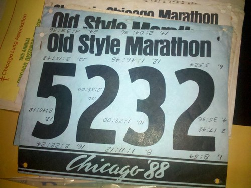 My uncle wrote his mile split times upside down on his bib while running!