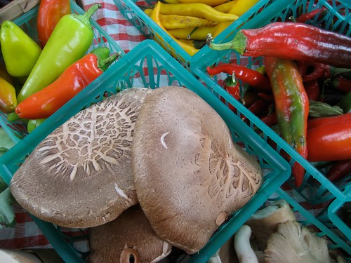 Fresh mushrooms and peppers sold at the Ypsilanti Depot Town Market in Michigan.  Michigan ranks among the top ten states for growth and for number of farmers markets this year. 