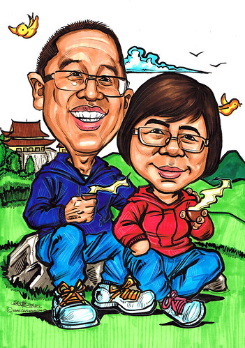 Couple caricatures relaxing on mountain