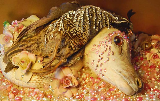 Violante, 2011, Angela Singer--a fawn, snake, and quail lying together on a bed of beads