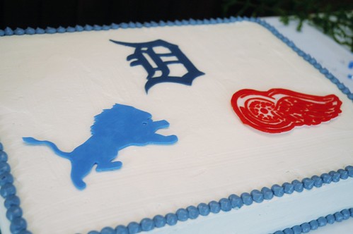 Groom's cake - with fondant Detroit Lions, Tigers and Redwings logos