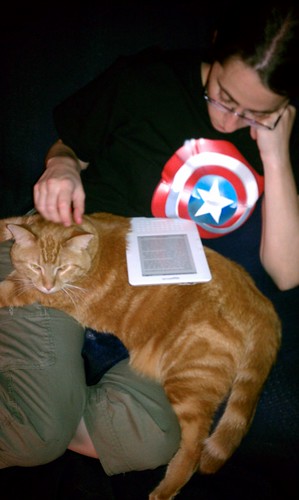 Ptw Well thats a plus for the Kindle, I doubt the cat would let her do that with an iPad
