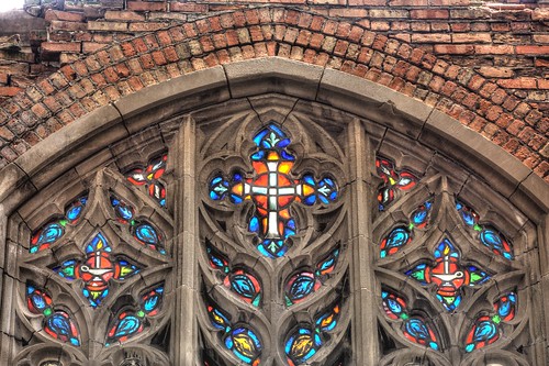 Abandoned City Methodist Church. Stained glass windows closeup. HDR.  Gary, Indiana.