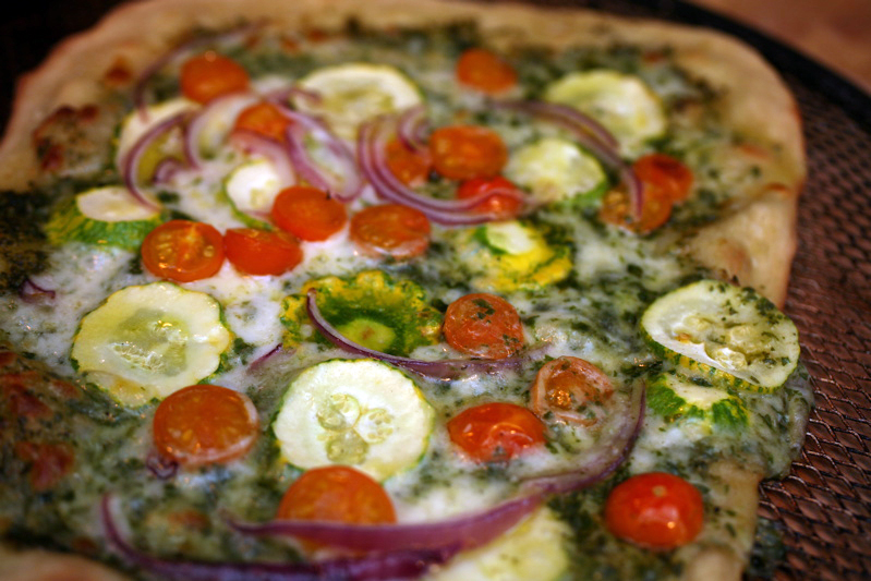 pizza: baby summer squash, sungolds & pesto