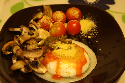 poached egg, mushrooms, tomatoes, nutritional yeast, jalapenos, cheese