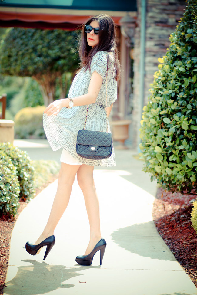 Joie dress, Fashion Outfit, Aldo platform heels, Vintage Chanel bag, Rayban sunglasses