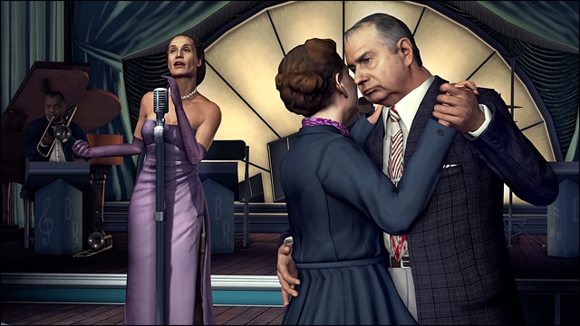 A video game screen shot graphic of an woman and an older man dancing, a woman in an evening gown singing in the background