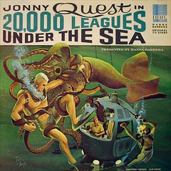 A cartoon drawings: An old submarine and some people fighting underwater against a giant squid
