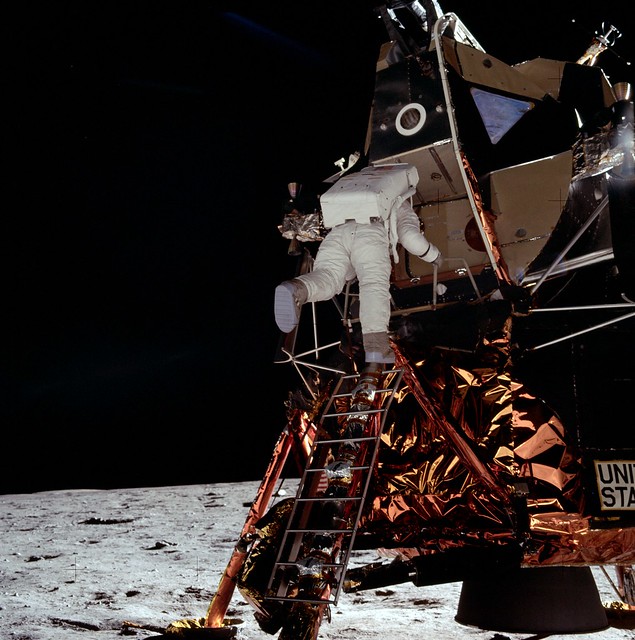 Apollo 11 astronaut Edwin E. Aldrin, Jr. leaves the Lunar Module Eagle to take his first steps as the second man on the moon. (mission time: 109:41:56) &nbsp; Date 20th July 1969
