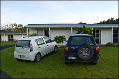 Our 2 cars in front of the Ninety Miles Beach Holiday Park cabin