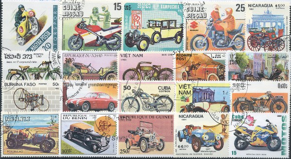Známky - 100 rôznych, automobily a motorky