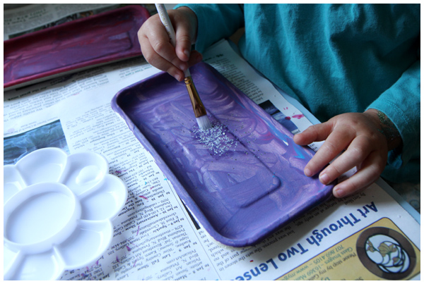Painted and mod podge trays, kids art project