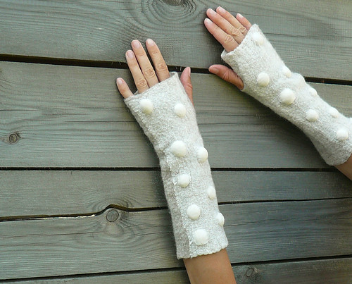 fingerless gloves, nuno felted, polka dot, eco fashion