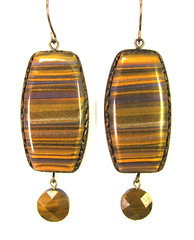 Scrap Clay Striped Earrings - Olive, Lavender, Brass and Gold with Faceted Tiger Eye Drops