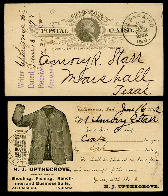 H. J. Upthegrove, Manufacturer of Shooting, Fishing, Ranchmen and Business Suits, Valparaiso, Indiana, 1892 - Postal Cover