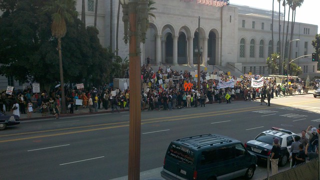 Occupy LA - day 1, marchers arrive at City Hall