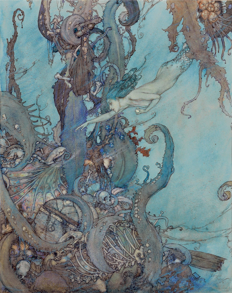 Edmund Dulac - "At the mere sight of the bright liquid ...  they drew back in terror." Ilustration from "The Mermaid" 1911